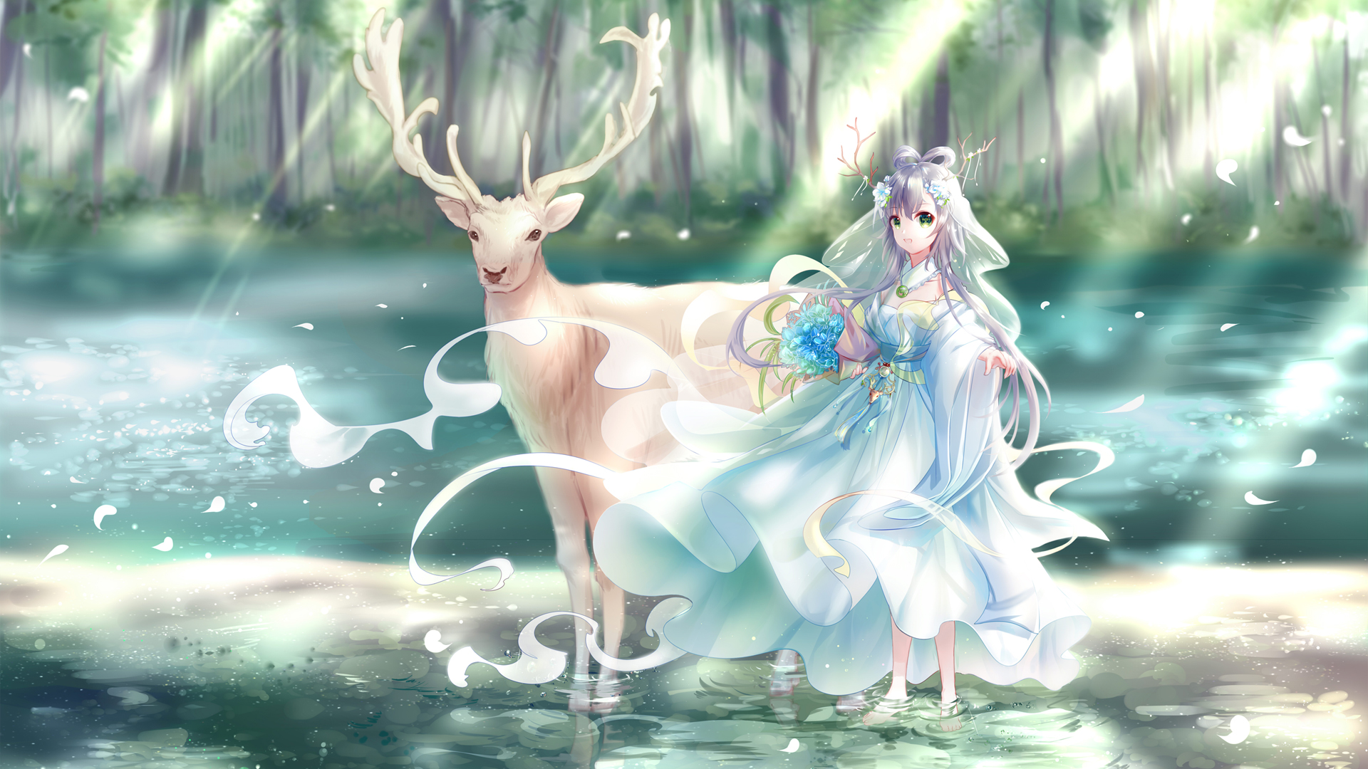绿发洛天依配水上鹿！这套森林风动漫壁纸太绝了
