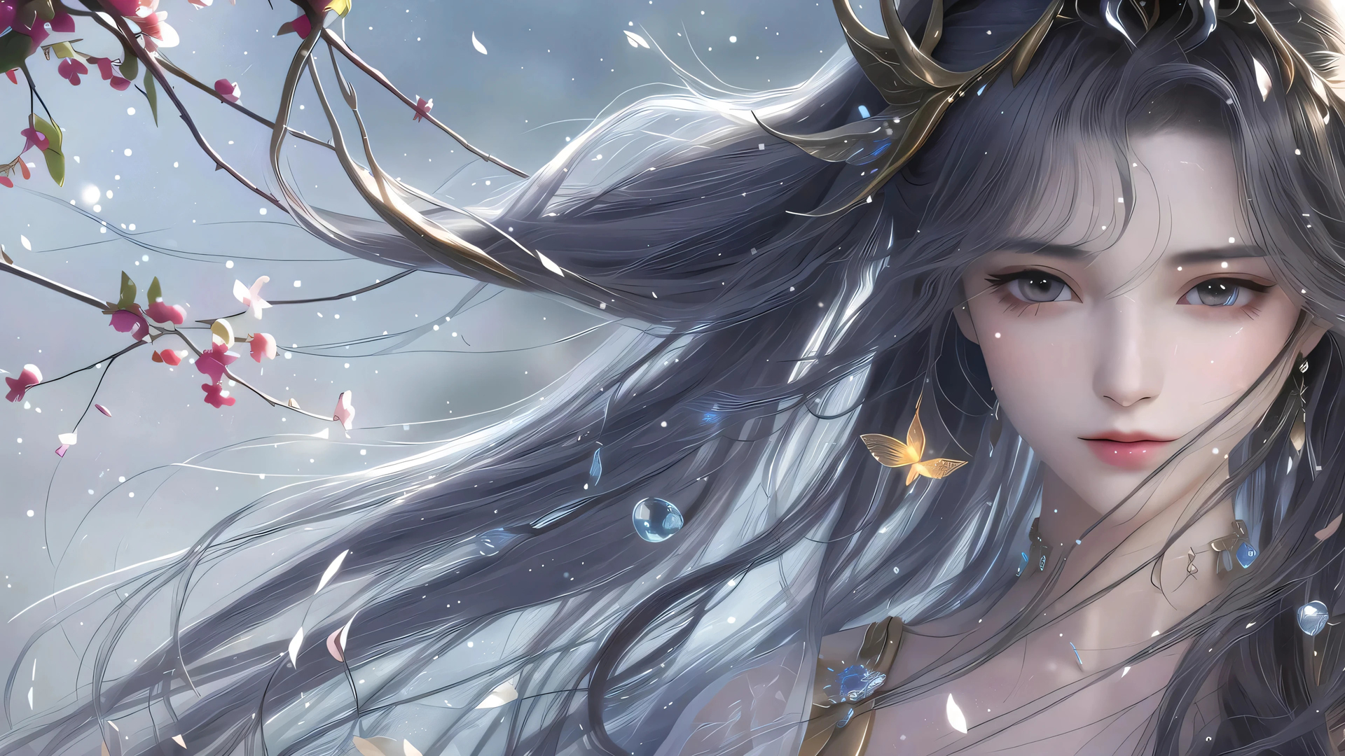 古风动漫长发美女配花 高清电脑壁纸推荐