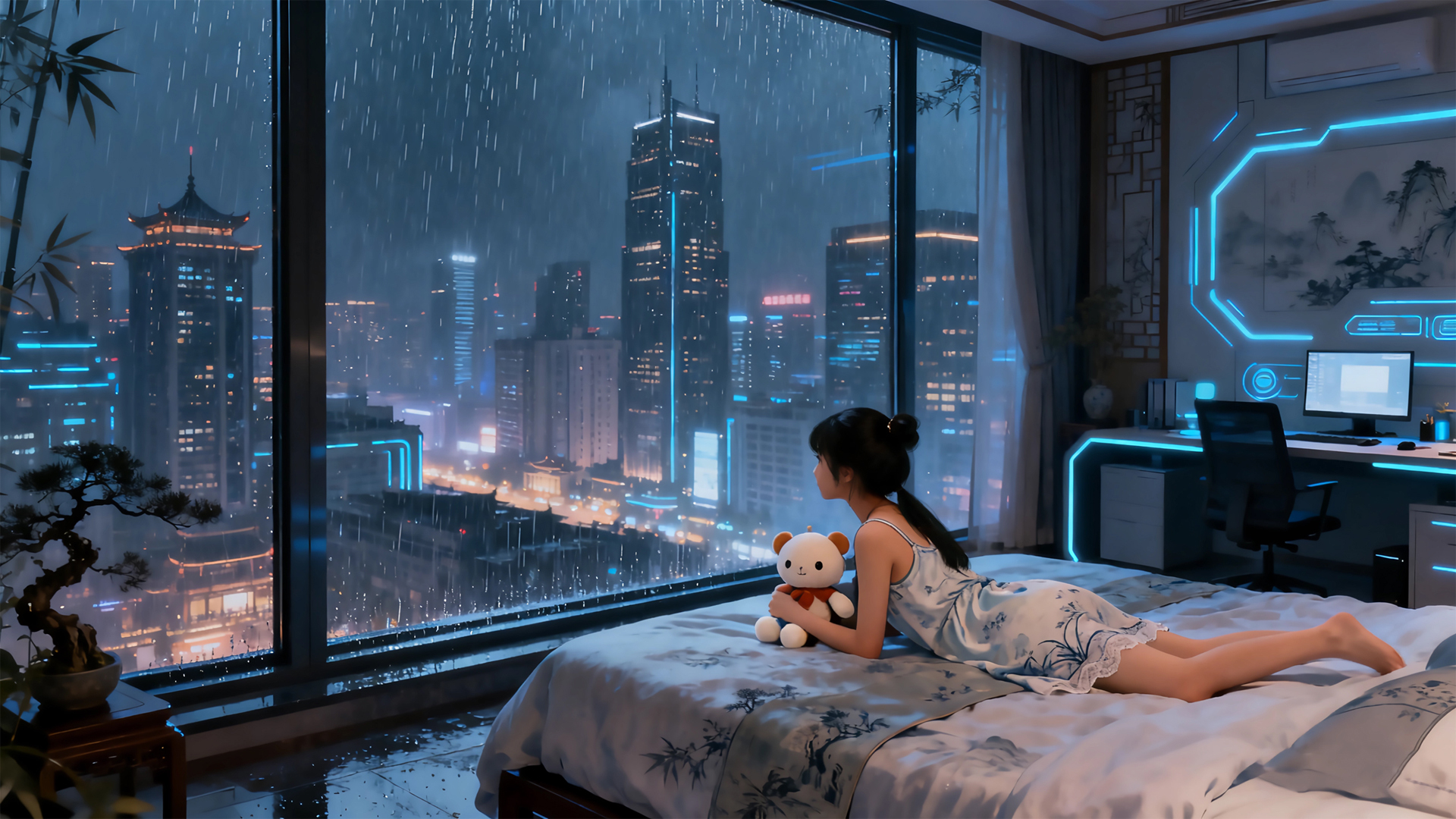 雨夜赛博房间里的小女孩和小熊 超治愈动漫壁纸来了