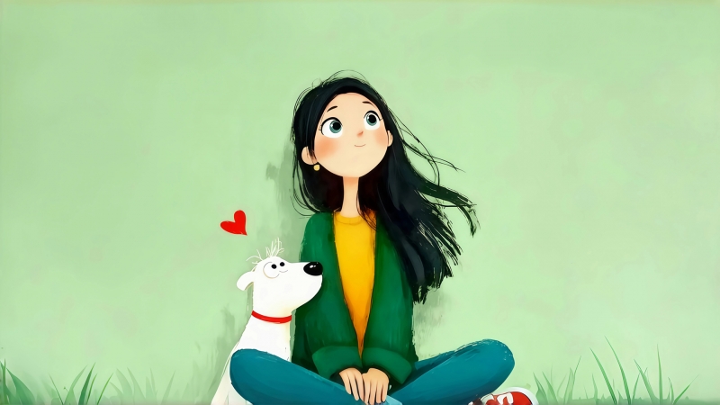 女生和小狗 浅绿色背景电脑动漫壁纸分享
