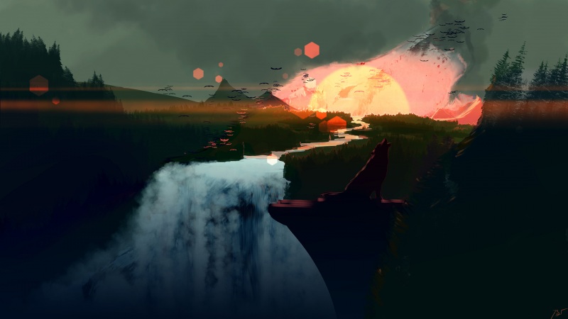 狼与森林山瀑的唯美插画壁纸 高清桌面素材来啦