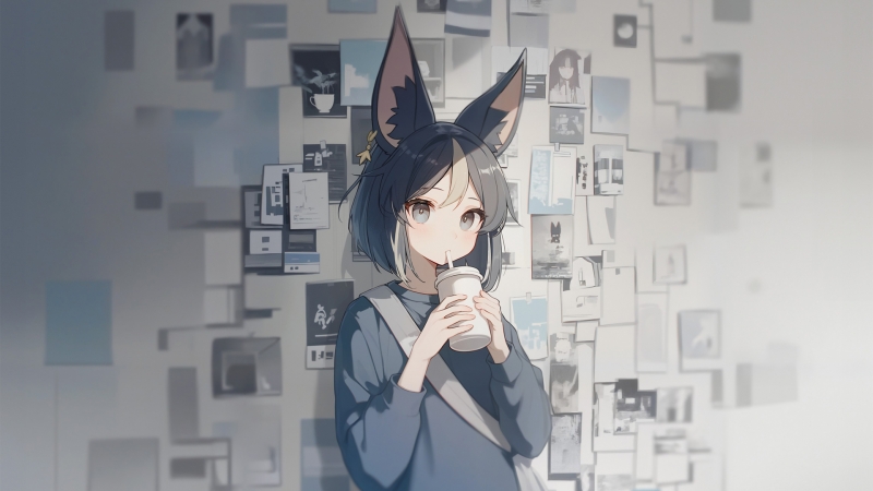 带兽耳喝奶茶的小女孩 照片墙动漫电脑壁纸