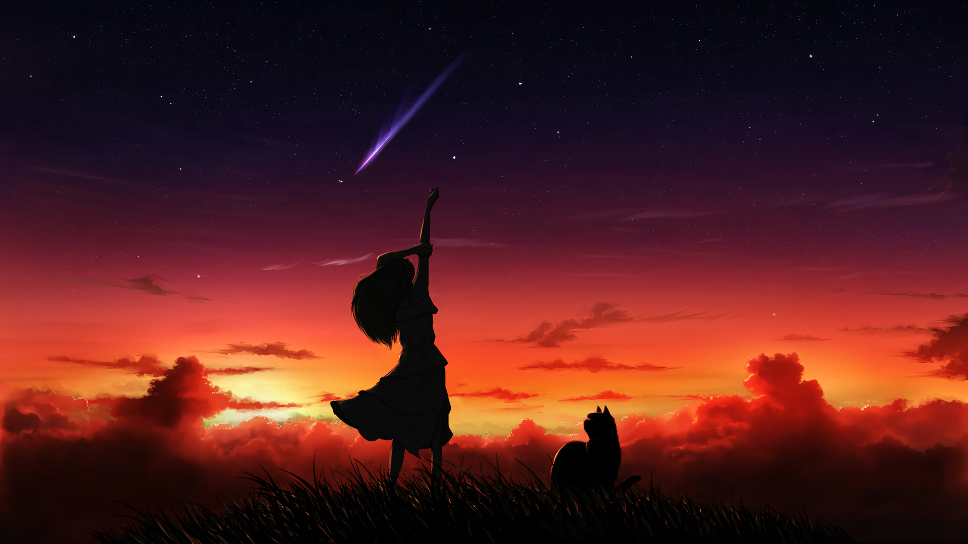 晚霞星空流星少女猫咪动漫壁纸 高清电脑壁纸合集