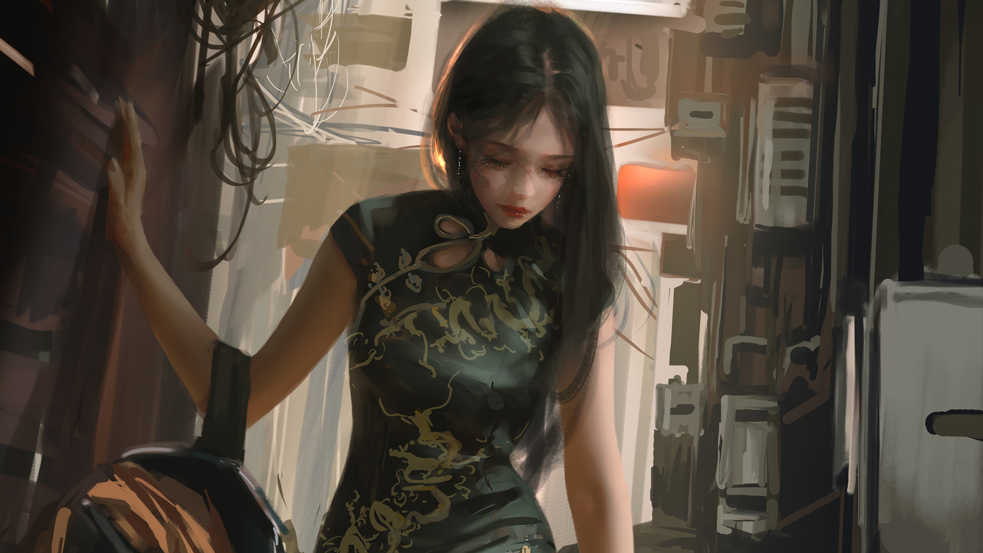 旗袍动漫美女厚涂壁纸 街道场景高清电脑壁纸