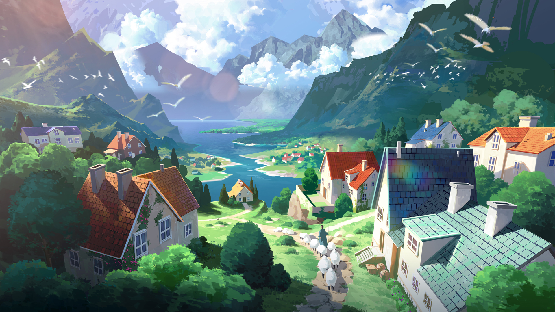 带海边别墅的动漫风景壁纸 高清免费下载