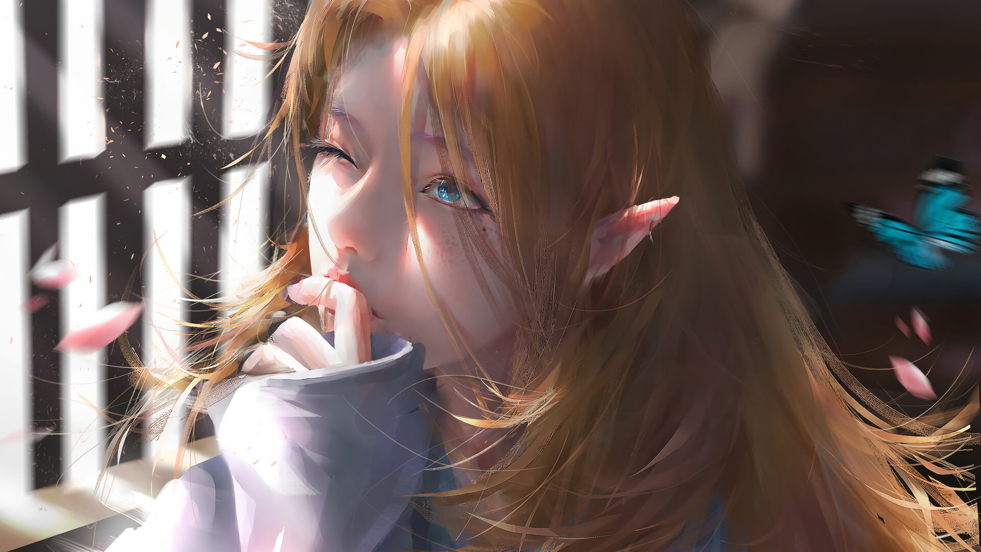 窗边阳光里的尖耳蓝眼少女，这款动漫壁纸太治愈了