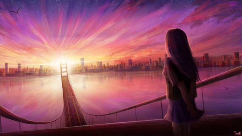 氛围感拉满！带女孩和夕阳城市桥的唯美动漫壁纸来啦