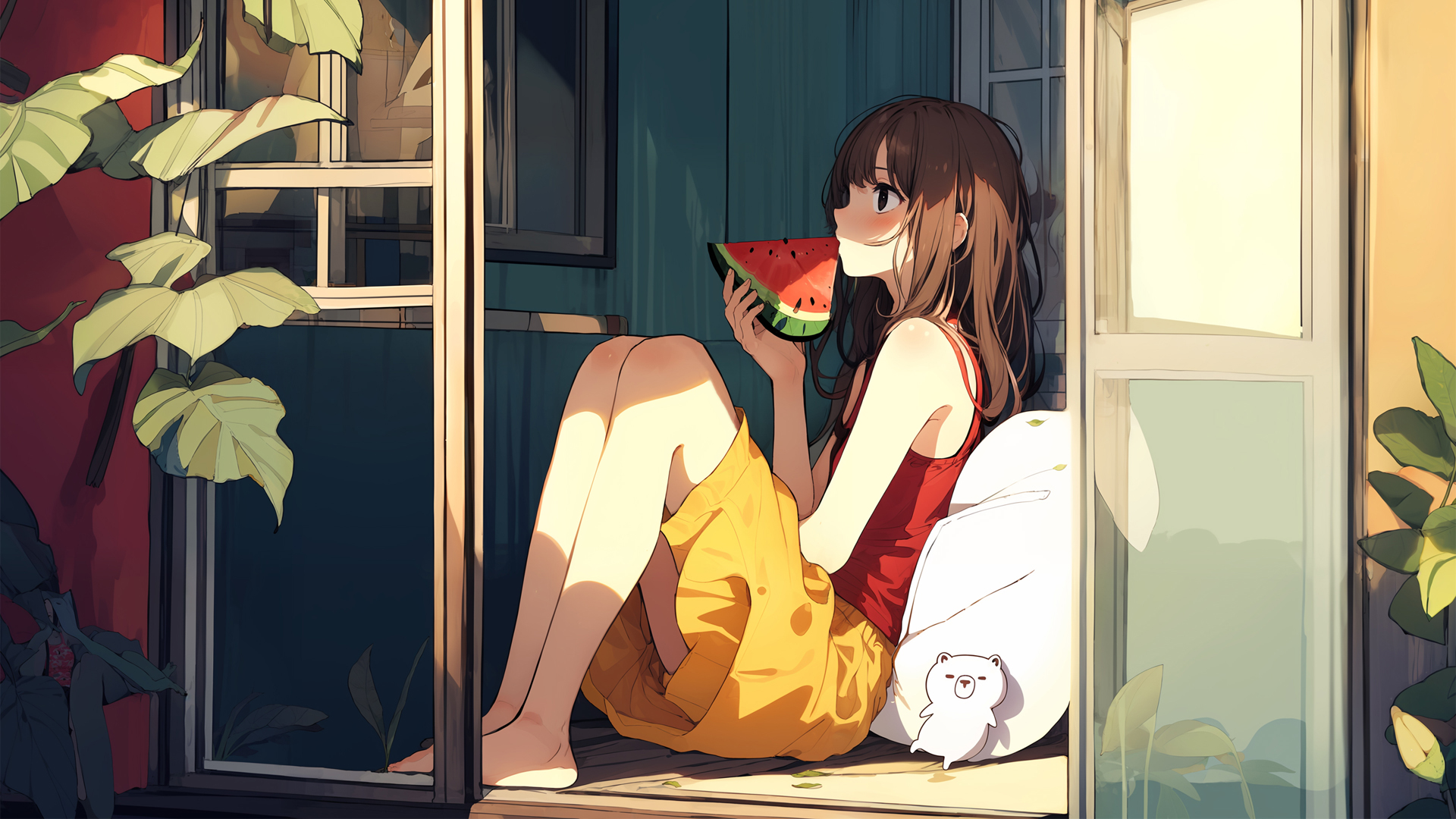 夏日吃西瓜少女动漫电脑壁纸_高清动漫壁纸