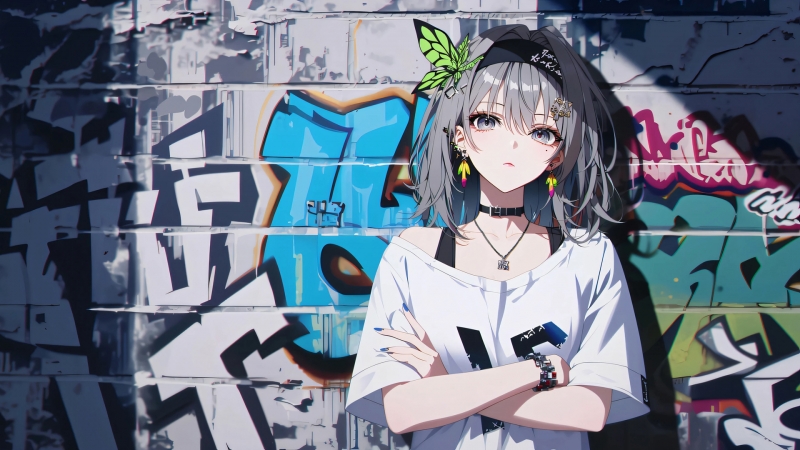 涂鸦墙个性少女壁纸 潮流电脑桌面高清动漫图
