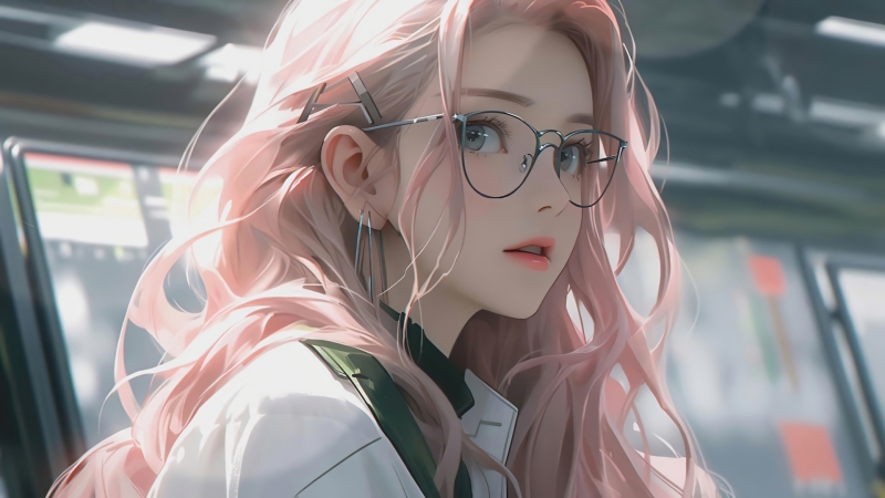 戴眼镜的粉长发动漫女孩壁纸 多款高清尺寸可选