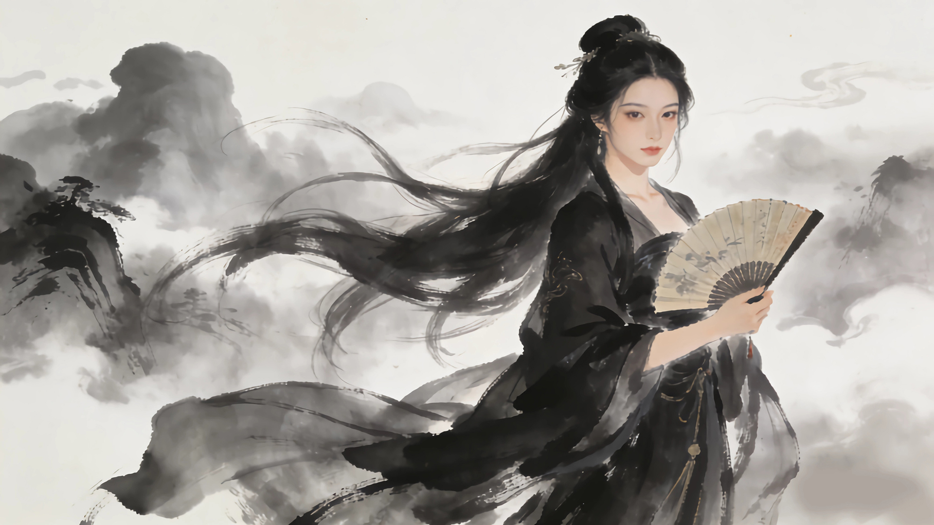 水墨风黑裙古风美女配折扇 高清电脑动漫壁纸