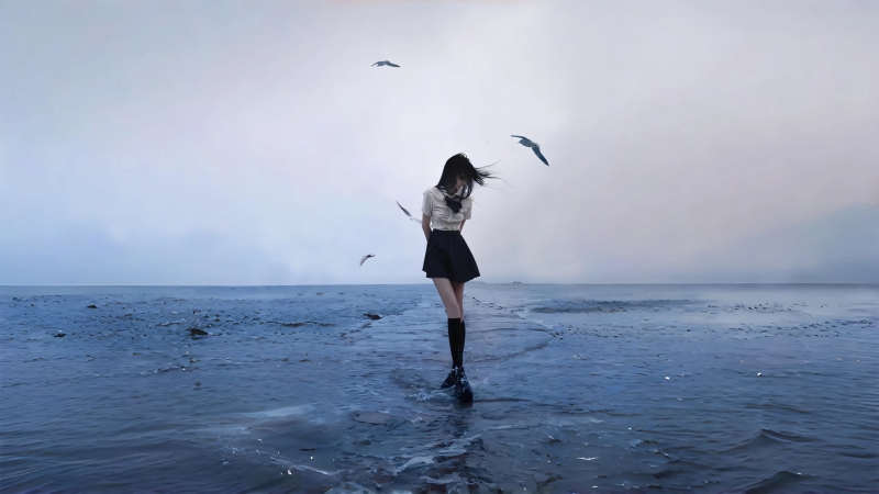 海边唯美动漫壁纸：美女与海鸥的治愈电脑桌面款