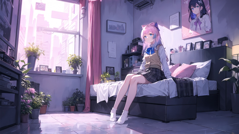 带蓝眼睛少女的夏日房间绿植动漫壁纸分享