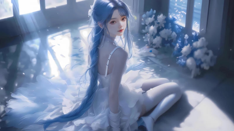 穿蓝色婚纱的动漫女孩 高清电脑壁纸