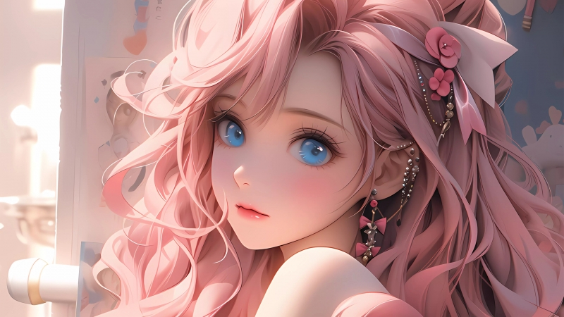 粉发蓝眼动漫少女高清壁纸 适配多种屏幕尺寸