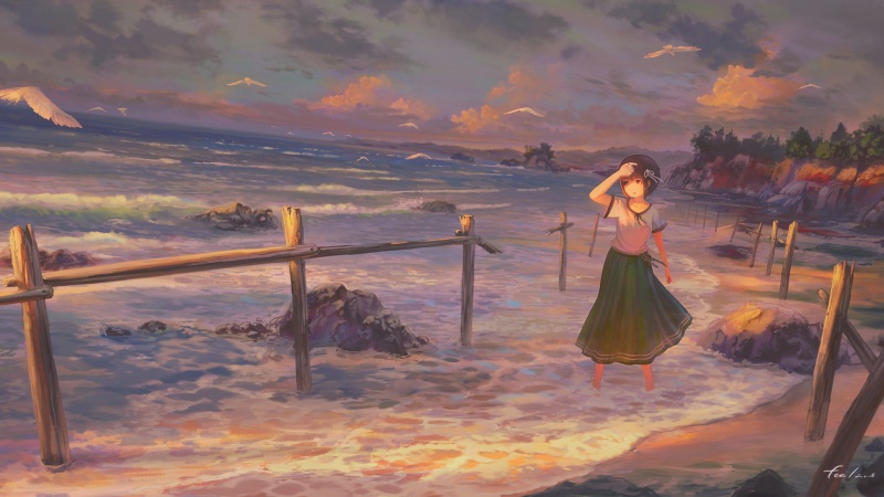 少女海边落日动漫壁纸 多款高清尺寸可选