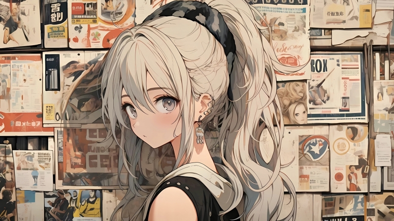 报纸墙马尾辫动漫美少女高清壁纸来啦