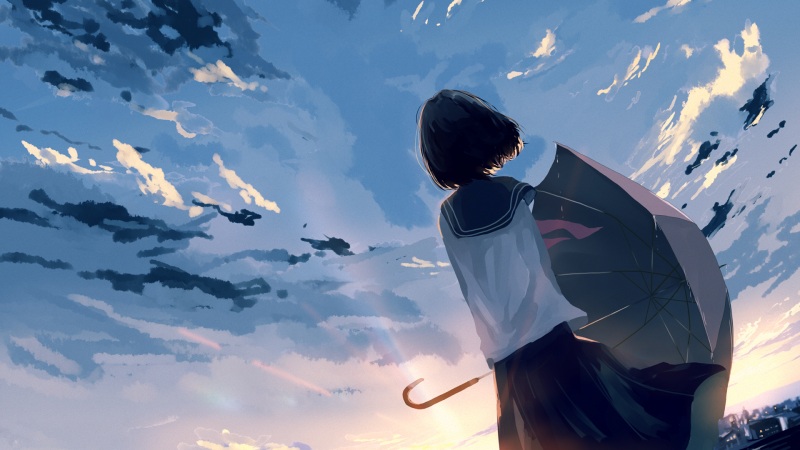 带着伞的校服女学生动漫壁纸，天空云朵氛围感拉满