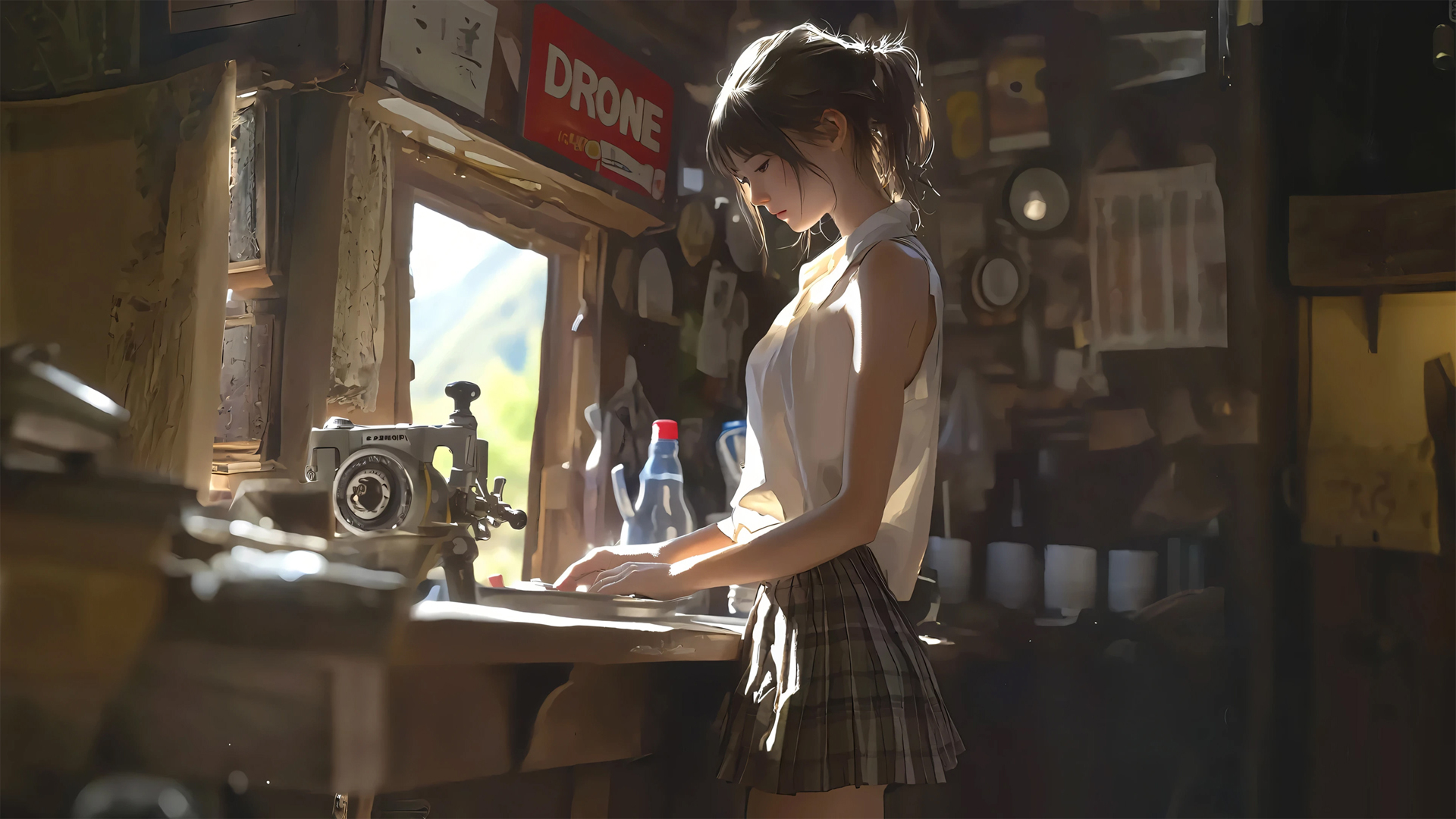 复古缝纫机搭配动漫少女 这款电脑壁纸太有格调了