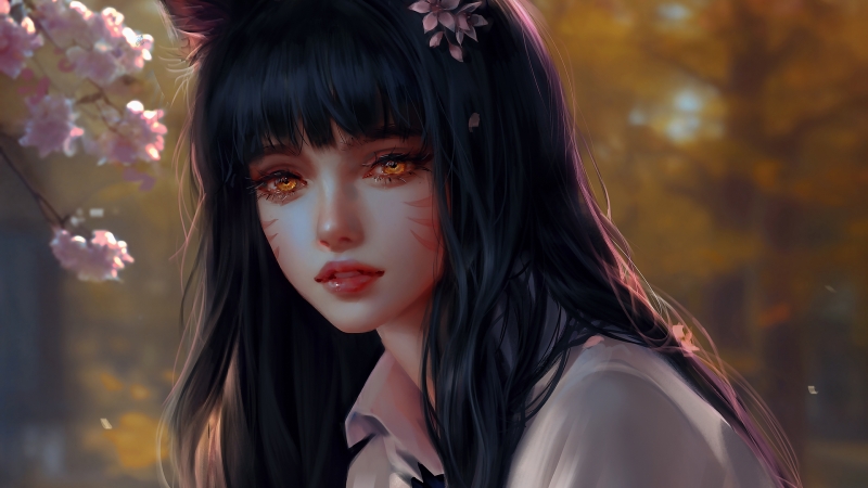 2k分辨率阿狸厚涂动漫壁纸 长发白衣配花林场景