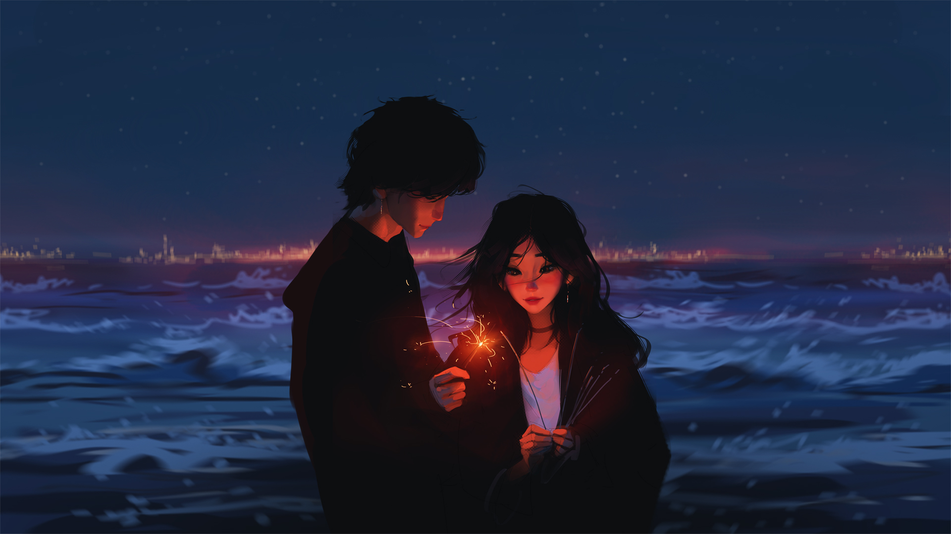 夜晚海边恋人情侣动漫壁纸 高清免费下载