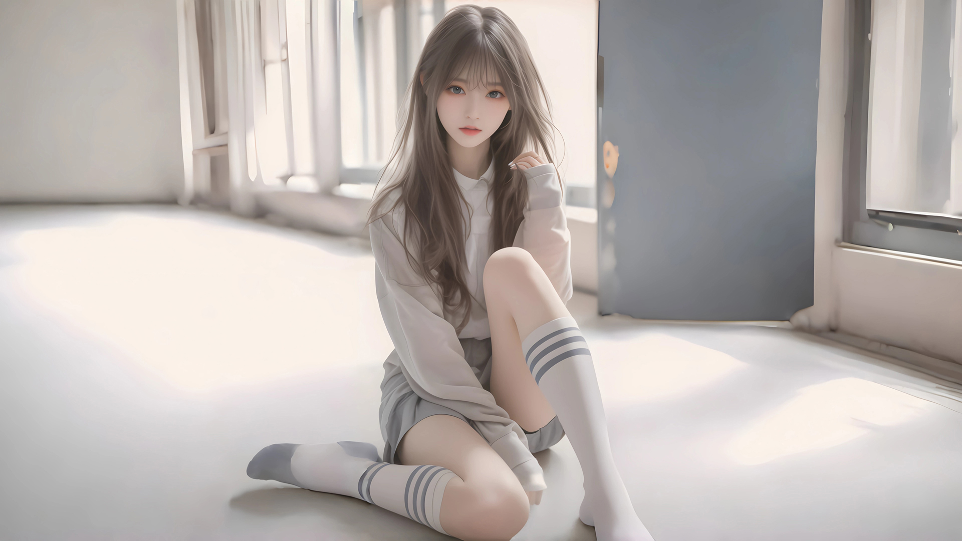 室内长发白衣女孩动漫壁纸！多款高清尺寸可选