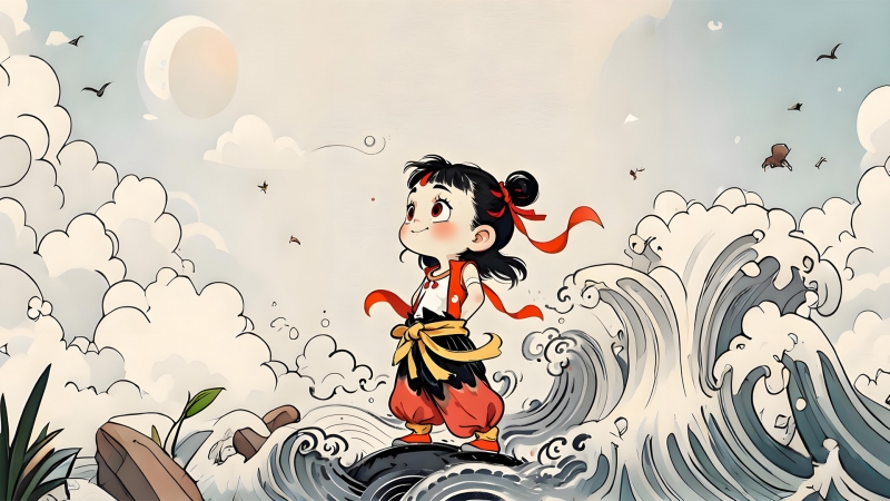 哪吒配海浪！这款高清动漫电脑壁纸太绝了