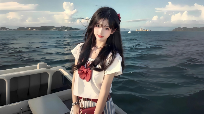 海上小船配可爱女生 高清全屏动漫壁纸推荐