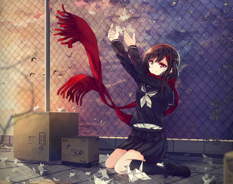 阳落下时的折纸少女