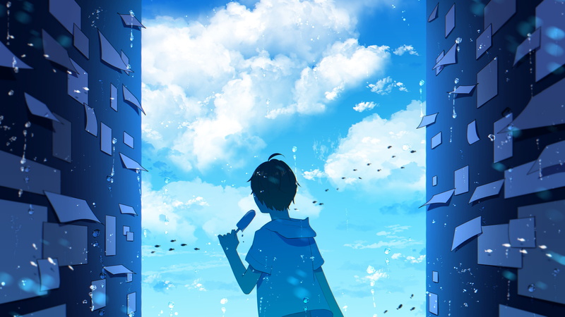 水下动漫男孩的天空鱼棒冰 4K壁纸