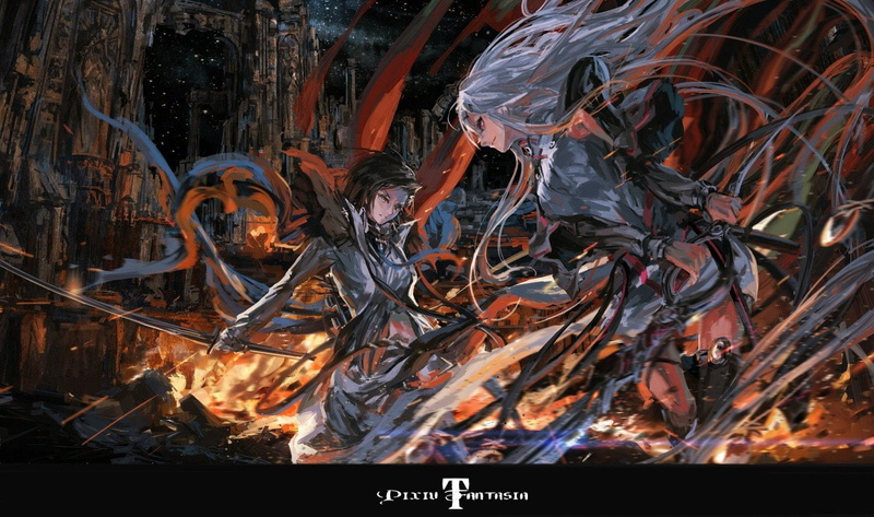 蓝发动漫少女壁纸！带蝴蝶结和火焰的pixiv幻想风720P壁纸