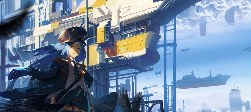 天蓝色头发戴帽少女配武士刀 二次元战舰主题高清壁纸