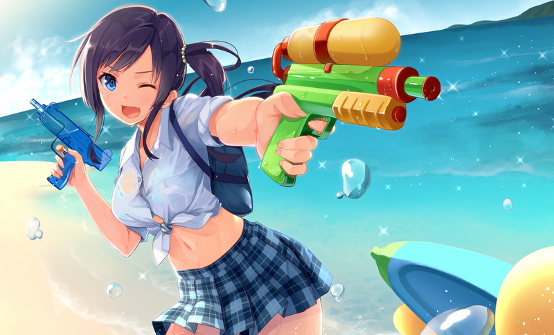 夏日海边水枪大战！动漫少女原创角色高清壁纸