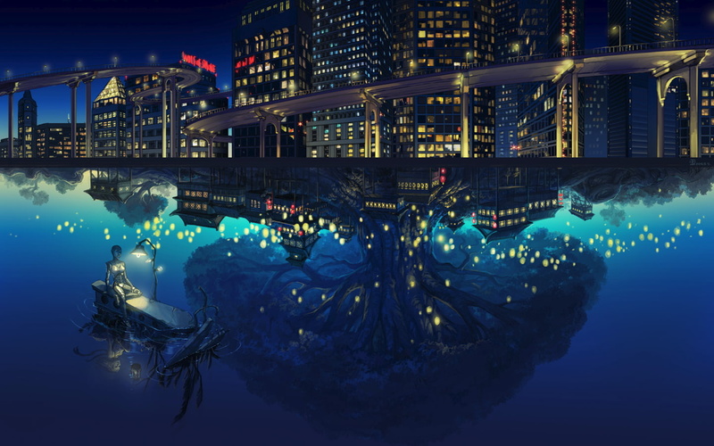 深夜幻界建筑水景壁纸