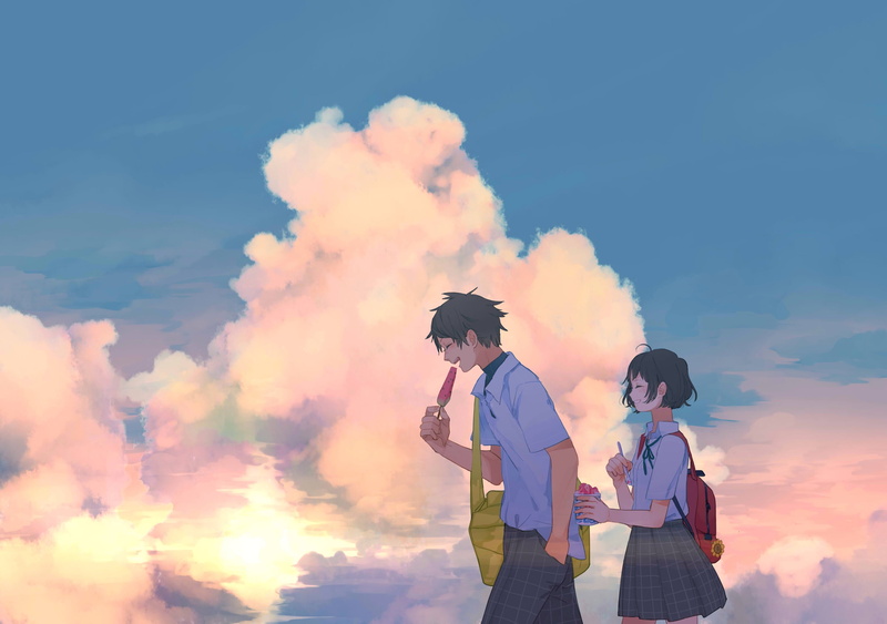治愈系动漫壁纸合集：日出云边的冰淇淋与校服日常