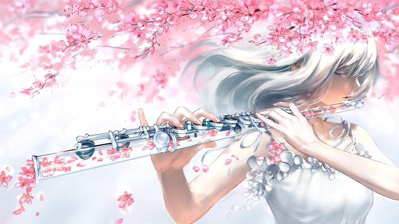 银发少女吹笛 花瓣纷飞2K高清动漫壁纸