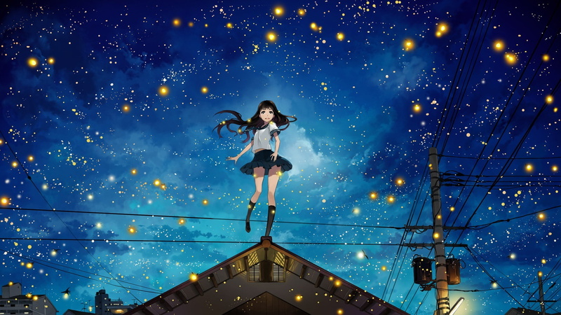 深夜屋顶上的萤光少女