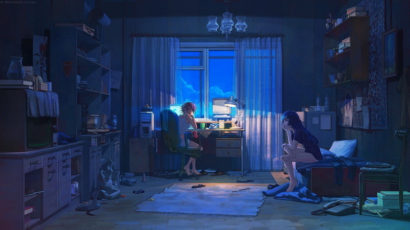 深夜居室内的动漫少女壁纸