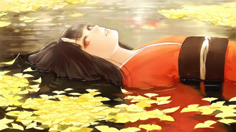 动漫女孩与瀑布恶鬼 2K高清壁纸