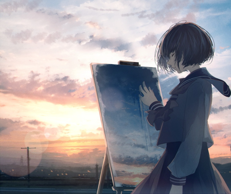 动漫壁纸合集！720P黄昏电线杆场景 棕短发少女手绘原画