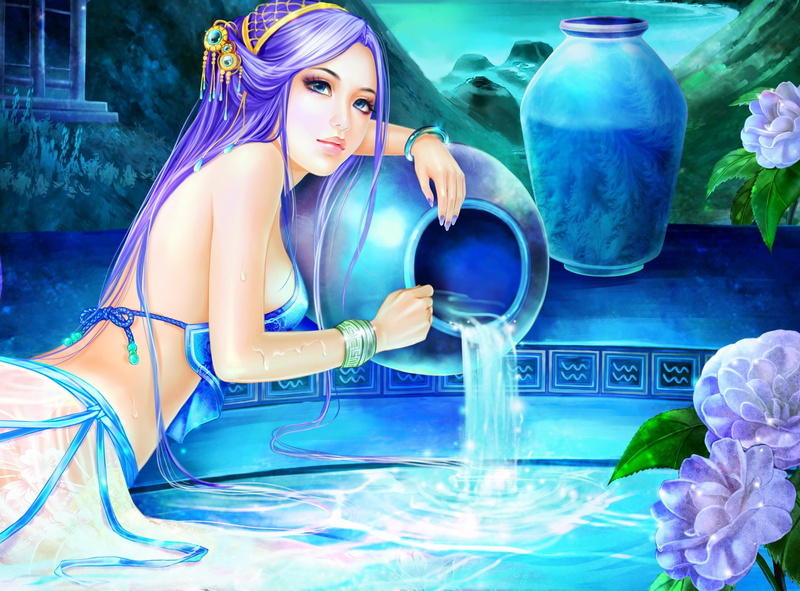少女与水池的奇幻插画壁纸