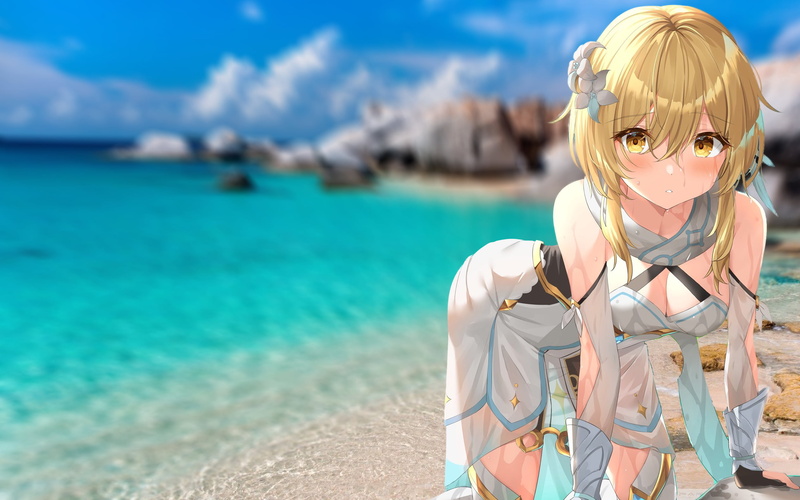 原神荧妹校服造型 海边甜心湿身壁纸 1080P高清