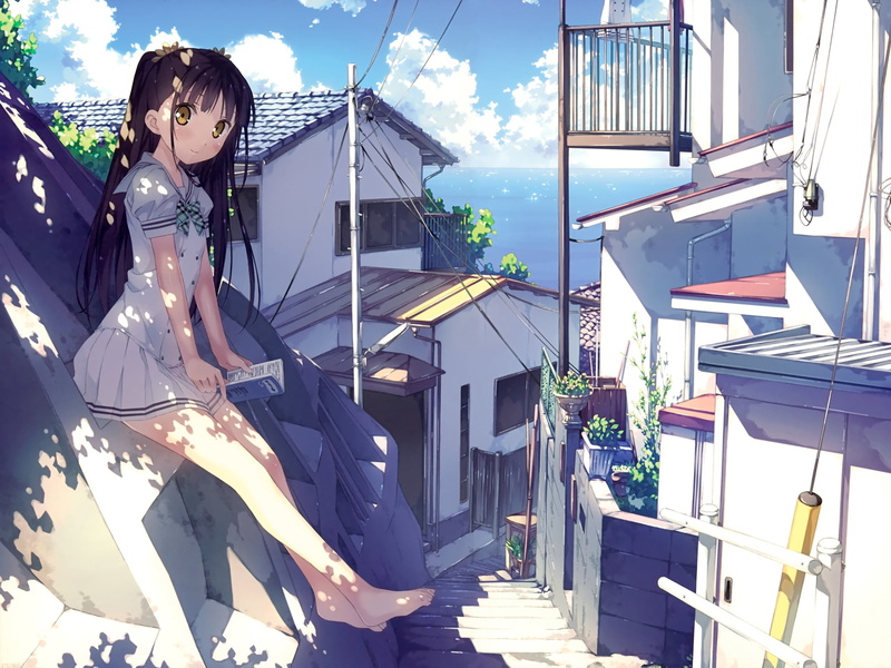 阳光下马尾少女海边村头读书