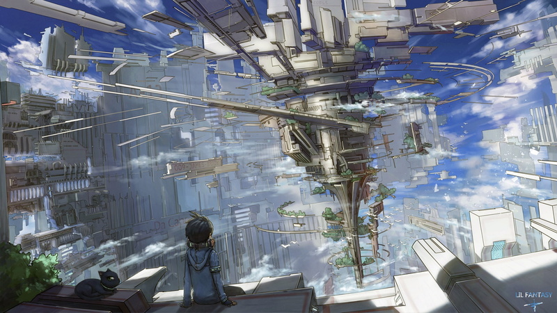 蹲坐浮空岛的动漫少年！这壁纸氛围感拉满