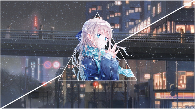 雪中围围巾的动漫少女画中画壁纸