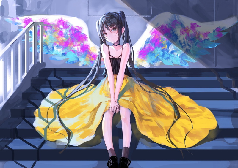蹲坐垂眸的棕发带翼少女壁纸