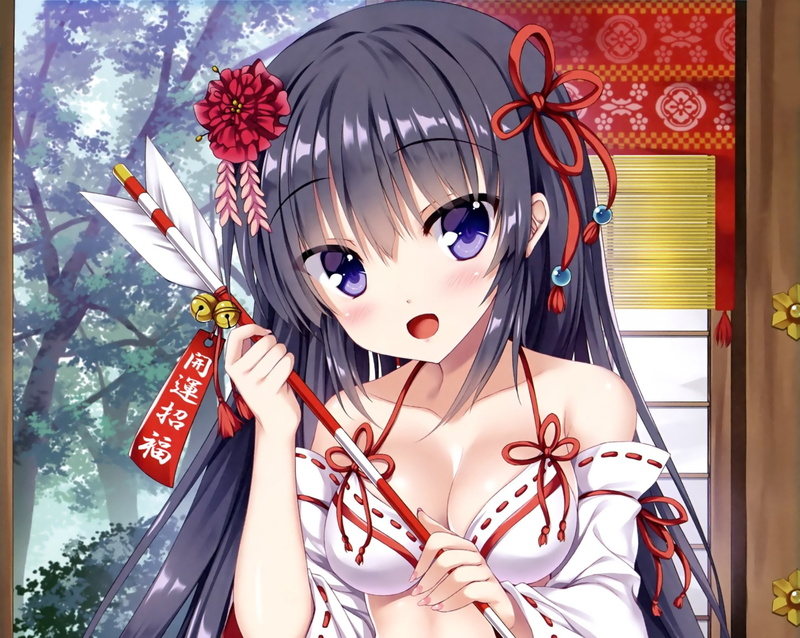 这款超绝的二次元巫女风壁纸！紫眸长发超带感