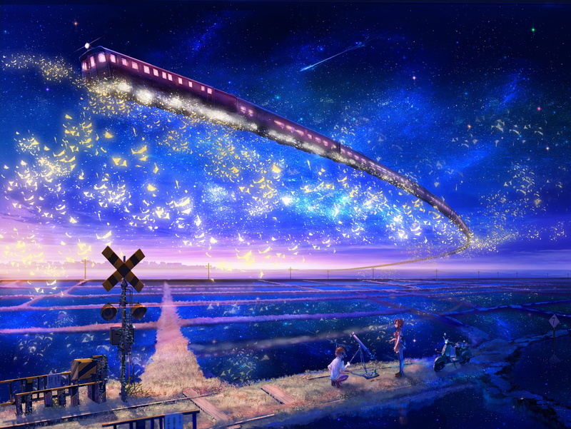 深夜动漫车站里的星轨列车壁纸