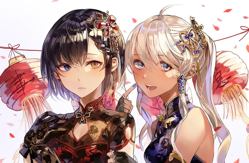 这套灯笼主题动漫壁纸太绝了！黑发白发少女都有