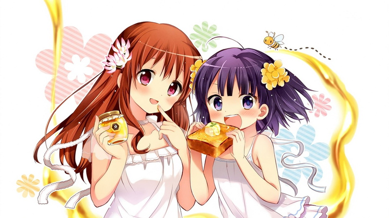 动漫美少女壁纸合集：蜜蜂、长发短发少女、美食与花草